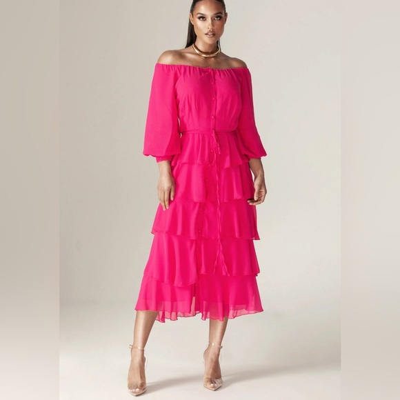 Alieva | New Dorra chiffon Hot a pink tiered ruffle midi dress Women’s size L - Picture 1 of 10